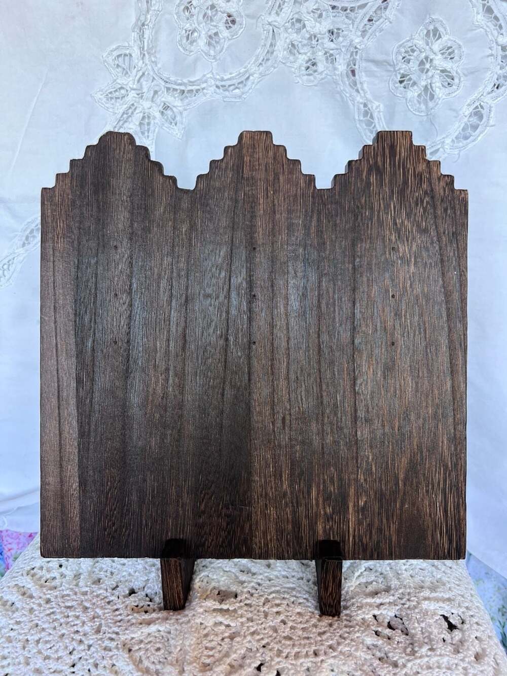 Handcrafted Dark Wood Three-Peak Architectural Display Stand